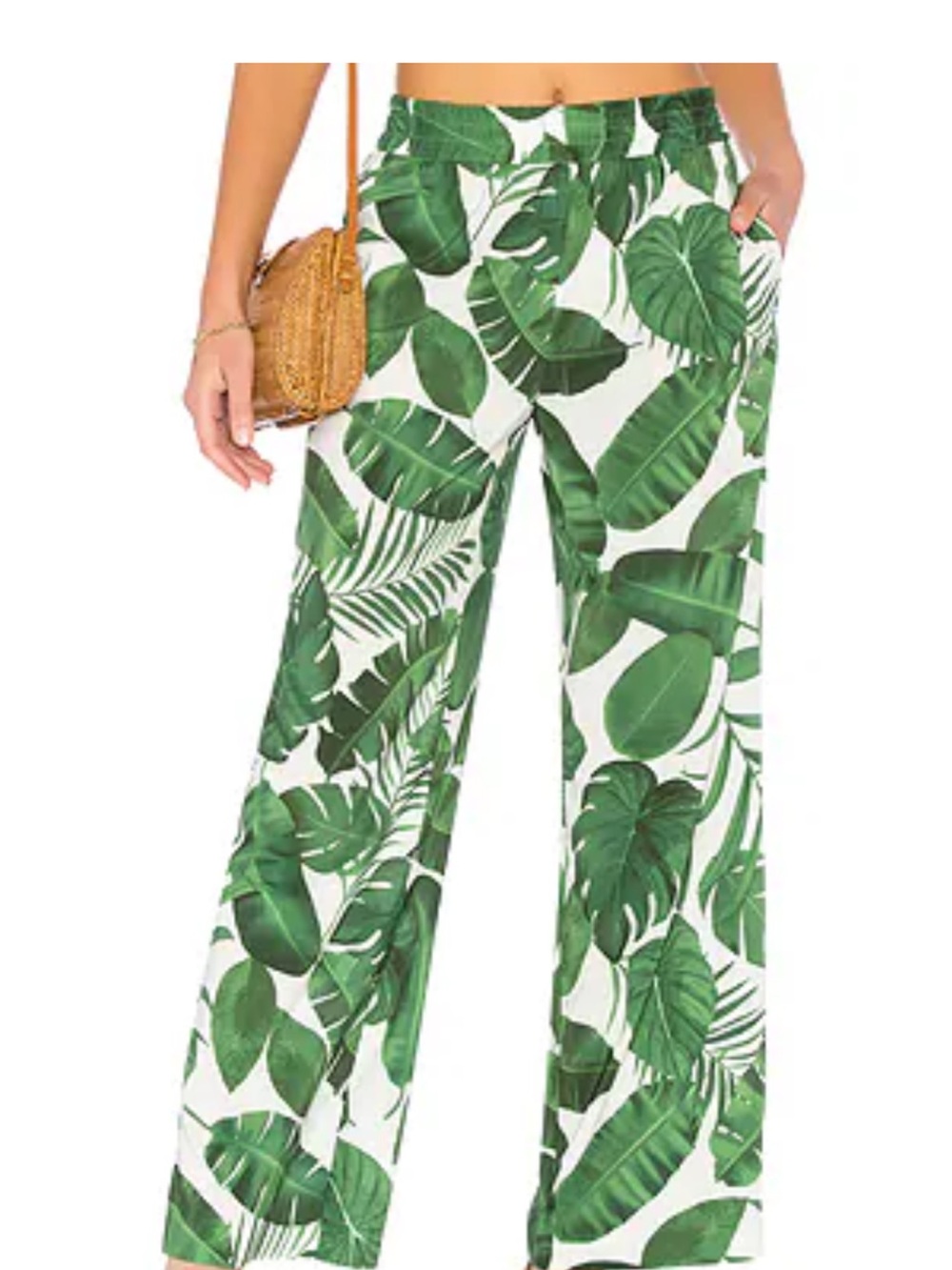 Alice + Olivia White Wide-Leg Pants with Green Tropical Leaf Print